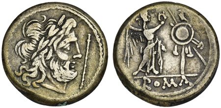 Staff series, Victoriatus, Rome, 206-195 BC. AR (g 2,93; mm 16; h 10). Laureate head of Jupiter r.; staff before, Rv. Victory standing r., crowning trophy; ROMA in exergue. Crawford 112/1; RSC 24p; Sydenham 242. Very fine