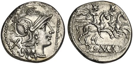 Staff series, Denarius, Rome, 206-195 BC. AR (g 3,44; mm 19; h 6). Helmeted head of Roma r.; denomination mark behind, staff before, Rv. The Dioscuri, each holding spear, on horseback r.; two stars above; ROMA below. Crawford 112/