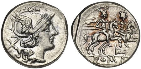 Rostrum tridens series, Denarius, Rome, 206-195 BC. AR (g 4,11; mm 19; h 1). Helmeted head of Roma r.; denomination mark behind, Rv. The Dioscuri, each holding spear, on horseback r.; two stars above, rostrum below; ROMA below. Cr
