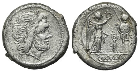 Thunderbolt series, Victoriatus, Rome, 206-195 BC. AR (g 2,74; mm 17; h 8). Laureate head of Jupiter r.; Rv. Victory standing r., crowning trophy with wreath; winged thunderbolt between; ROMA below. Crawford 119/1; Sydenham 247; R