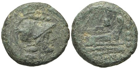 Meta series, Rome, Triens, ca. 206-195. AE (g 11.09; mm 24.5; h 6). Helmeted head of Minerva r.; Rv.  Prow r.; meta above, four pellets to r. Crawford 124/5; Sydenham 260b; RBW 572. Very rare, near very fine
