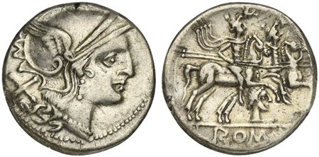 Female head series, Denarius, Uncertain mint, 206-200 BC. AR (g 3,17; mm 18; h 9). Helmeted head of Roma r.; denomination mark behind, Rv. The Dioscuri on horseback riding r.; below, female head r.; ROMA in exergue Crawford 127/1;
