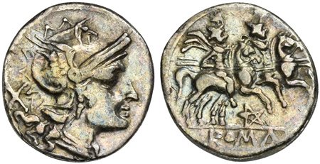 Pentagram series, Denarius, Uncertain mint, 206-200 BC. AR (g 3,12; mm 18; h 6). Helmeted head of Roma r.; denomination mark behind, Rv. The Dioscuri, each holding spear, on horseback r.; pentagram below, ROMA in exergue. Crawford
