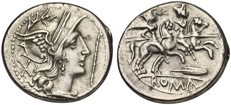 Staff and feather series, Denarius, Uncertain mint, c. 206-200 BC. AR (g 3,24; mm 19; h 6). Helmeted head of Roma r.; denomination mark behind, staff before, Rv. The Dioscuri, each holding spear, on horseback r.; two stars above, 