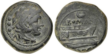 Crescent series, Quadrans, Rome, ca. 194-190 BC. AE (g 13,06; mm 25; h 9). Head of Hercules r., wearing lion’s skin; behind, three pellets, Rv. Prow r.; crescent and ROMA above, three pellets below. Crawford 137/5; Sydenham 267c. 