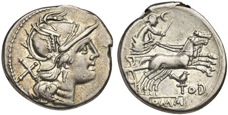 Bird and TOD series, Denarius, Rome, 189-180 BC. AR (g 3,17; mm 19; h 11). Helmeted head of Roma r.; denomination mark behind, Rv. Luna, holding sceptre, driving biga r.; crescent above; below, bird standing on T of TOD. Crawford 