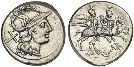 L. Autronius, Denarius, Rome, 189-180 BC. AR (g 3,80; mm 19; h 5). Helmeted head of Roma r., denomination mark behind, Rv. The Dioscuri, each holding spear, on horseback right; two stars above, AVTR monogram below, ROMA in exergue