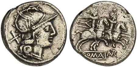L. Autronius, Denarius, Rome, 189-180 BC. AR (g 3,62; mm 19; h 6). Helmeted head of Roma r., denomination mark behind, Rv. The Dioscuri, each holding spear, on horseback right; two stars above, AVTR monogram below, ROMA in exergue