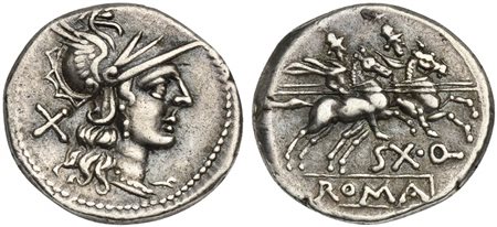 Sex. Quinctilius, Denarius, Rome, 189-180 BC. AR (g 4,09; mm 19; h 5). Helmeted head of Roma r.; denomination mark behind, Rv. The Dioscuri riding r.; SX • Q below, ROMA in linear frame below. Crawford 152/1b; Quinctilia 1; Sydenh