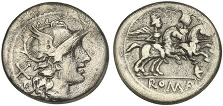 Helmet series, Denarius, Rome, 179-170 BC. AR (g 3,65; mm 19; h 6). Helmeted head of Roma r.; denomination mark behind, Rv. The Dioscuri, each holding spear, on horseback r.; helmet below; ROMA below. Crawford 168/2; RSC 20q; Syde