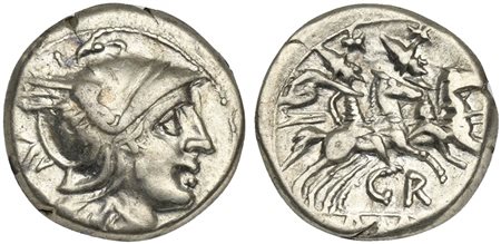 GR series, Denarius, Uncertain mint, 199-170 BC. AR (g 4,64; mm 18; h 9). Helmeted head of Roma r.; denomination mark behind, Rv. The Dioscuri, each holding spear, on horseback r.; GR below horses, [ROMA] in exergue. Crawford 169/