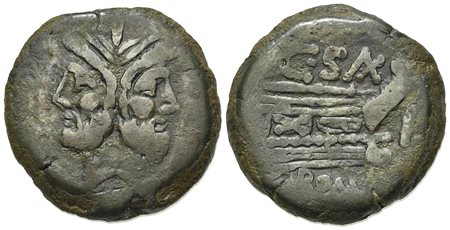 C. Cluvius Saxula, As, Rome, 169-158 BC. AE (g 35.08; mm 33.5; h 12). Laureate head of bearded Janus; Rv. Prow of galley r.; C•S(AX) above, ROMA below. Crawford 173/1; Sydenham 360; RBW 732. Very fine