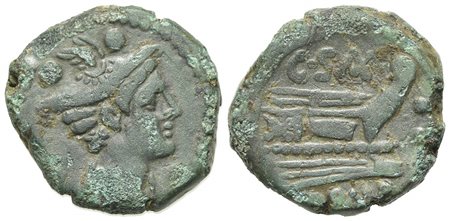C. Cluvius Saxula, Sextans, Rome, 169-158 BC. AE (g 5.46; mm 18; h 6). Draped bust of Mercury r., wearing petasus, with caduceus over shoulder; two pellets above; Rv. Prow r.; C•S(AX) above, two pellets to r. Crawford 173/5; Syden
