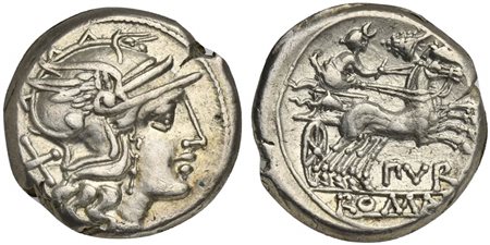 Furius Purpurio, Denarius, Rome, 169-158 BC. AR (g 4,04; mm 18; h 3). Helmeted head of Roma r.; denomination mark behind, Rv. Diana or Luna Lucifera, wearing crescent on head, driving galloping biga r., holding reins and goad; mur
