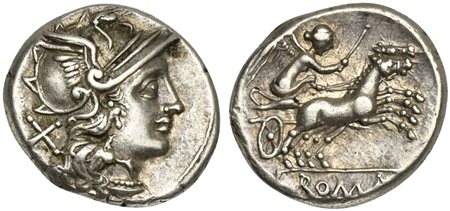 Anonymous, Denarius, Rome, ca. 157/6 BC. AR (g 3,87; mm 17; h 6). Helmeted head of Roma r.; denomination mark behind, Rv. Victory driving biga r.; ROMA in exergue. Crawford 197/1a; RSC 6; Sydenham 376. Good very fine
