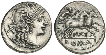 Pinarius Natta, Denarius, Rome, 155 BC. AR (g 3,68; mm 19; h 11). Helmeted head of Roma r.; denomination mark behind, Rv. Victory driving galloping biga r., holding whip and reins; NAT(TA) below, ROMA in exergue. Crawford 200/1; P