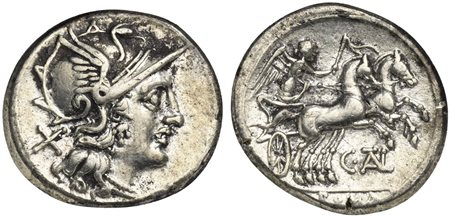 C. Thalna, Denarius, Rome, 154 BC. AR (g 3,85; mm 19; h 11). Helmeted head of Roma r.; denomination mark behind, Rv. Victory driving galloping biga r., holding whip and reins; C•(TAL) below, ROMA in exergue. Crawford 202/1a; Juven