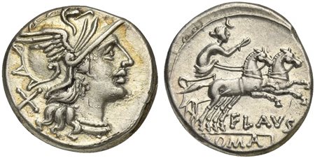 Decimius Flavus, Denarius, Rome, 150 BC. AR (g 3,31; mm 18; h 9). Helmeted head of Roma r.; denomination mark behind, Rv. Diana Lucifera driving galloping biga r., holding reins and whip; FLAVS below, ROMA in linear frame below. C