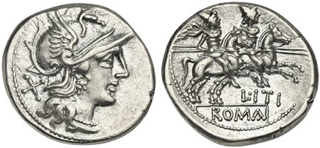 L. Iteius, Denarius, Rome, 149 BC. AR (g 4,02; mm 20; h 5). Helmeted head of Roma r.; denomination mark behind, Rv. The Dioscuri, each holding spear, on horseback r.; two stars above, L•ITI below, ROMA in exergue. Crawford 209/1; 