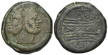 Mast and sail series, As, Rome, c. 155-149 BC. AE (g 20,85; mm 29,5; h 9). Laureate head of bearded Janus; Rv. Prow of galley r.; mast with sail above; ROMA below. Crawford 213/1; Sydenham -. Scarce, very fine