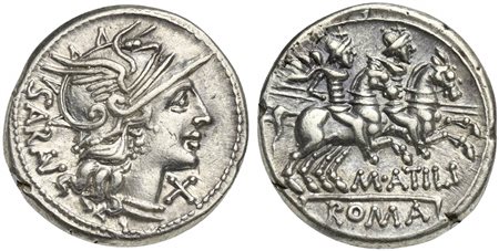 M. Atilius Saranus, Denarius, Rome, 148 BC. AR (g 3,84; mm 20; h 11). Helmeted head of Roma r.; SAR(AV) behind, denomination mark below chin, Rv. Dioscuri on horseback riding r.; M•ATILI below, ROMA in exergue. Crawford 214/1b; At