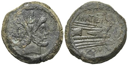 M. Atilius Saranus, As, Rome, 148 BC. AE (g 26,60; mm 32; h 12). Laureate head of bearded Janus; I above; Rv. Prow of galley r.; M ATILI above, ROMA below. Crawford 214/2a; Sydenham 399. Very fine