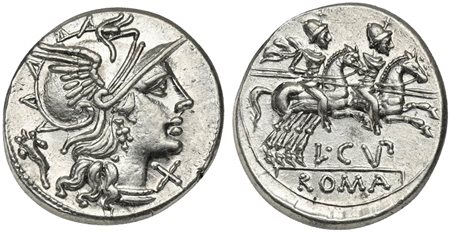 L. Cupiennius, Denarius, Rome, 147 BC. AR (g 3,99; mm 19; h 3). Helmeted head of Roma r.; cornucopia behind, denomination mark before, Rv. The Dioscuri, each holding spear, on horseback r.; two stars above; L•C(VP) below, ROMA in 