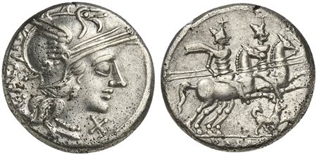 C. Antestius, Denarius, Rome, 146 BC. AR (g 3,72; mm 18; h 6). Helmeted head of Roma r.; denomination mark below chin; C•(ANTE)STI behind, Rv. Dioscuri on horseback riding r.; below, puppy r., with l. foreleg raised; [ROMA] in exe