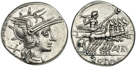 Aurelius Rufus, Denarius, Rome, 144 BC. AR (g 3,88; mm 20; h 3). Helmeted head of Roma r.; denomination mark behind, Rv. Jupiter driving galloping quadriga r., holding reins and sceptre and preparing to hurl thunderbolt; (AV) R(VF
