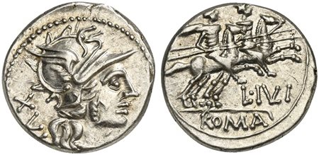 L. Julius, Denarius, Rome, 141 BC. AR (g 3,91; mm 19; h 8). Helmeted head of Roma r.; XVI to l., Rv. Dioscuri on horseback riding r.; L•I(VL)I below, ROMA in linear frame below. Crawford 224/1; Julia 1; Sydenham 443. Good very fin