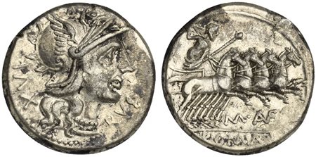 M. Aufidius Rusticus, Denarius, Rome, 140 BC. AR (g 3,93; mm 18; h 11). Helmeted head of Roma r.; IVX to l., RVS beneath chin, Rv. Jupiter driving galloping quadriga r., holding whip, sceptre and reins; M•(AVF) below horses; ROMA 