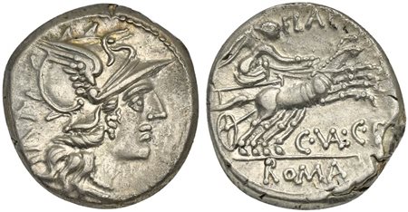 C. Valerius C.f. Flaccus, Denarius, Rome, 140 BC. AR (g 3,97; mm 19; h 7). Helmeted head of Roma r.; XVI behind, Rv. Victory driving galloping biga r., holding reins and whip; FLAC above, C•(VAL)•C•F below, ROMA in exergue. Crawfo