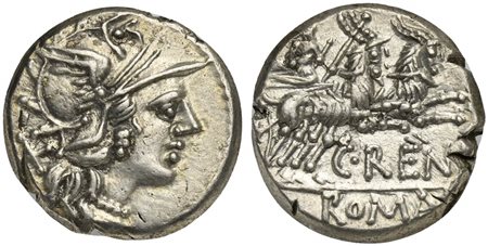C. Renius, Denarius, Rome, 138 BC. AR (g 3,85; mm 17; h 3). Helmeted head of Roma r.; denomination mark behind, Rv. Juno Caprotina driving biga of goats r., holding whip, reins, and sceptre; C•REN[I] below, ROMA in exergue. Crawfo