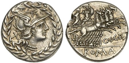 Cn. Gellius, Denarius, Rome, 138 BC. AR (g 3,71; mm 119; h 1). Helmeted head of Roma r.; denomination mark behind; all within laurel wreath, Rv. Mars driving galloping quadriga r., grasping Nerio beside him and holding shield; CN•