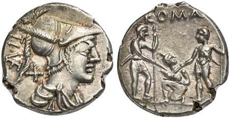 Ti. Veturius, Denarius, Rome, 137 BC. AR (g 3,88; mm 20; h 5). Helmeted and draped bust of Mars r.; TI•(VET) and denomination mark behind, Rv. Oath-taking scene: youth kneeling l., head r., between two soldiers, each of whom holds