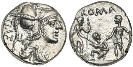 Ti. Veturius, Denarius, Rome, 137 BC. AR (g 3,88; mm 19; h 1). Helmeted and draped bust of Mars r.; TI•(VET) and denomination mark behind, Rv. Oath-taking scene: youth kneeling l., head r., between two soldiers, each of whom holds