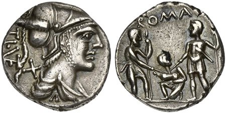 Ti. Veturius, Denarius, Rome, 137 BC. AR (g 3,81; mm 19; h 6). Helmeted and draped bust of Mars r.; TI•(VET) and denomination mark behind, Rv. Oath-taking scene: youth kneeling l., head r., between two soldiers, each of whom holds