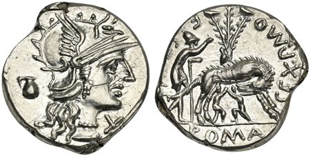 Sex. Pompeius Fostlus, Denarius, Rome, 137 BC. AR (g 3,99; mm 20; h 10). Helmeted head of Roma r.; capis to l., denomination mark before, Rv. She-wolf standing r., head l., suckling the twins (Remus and Romulus); to l., shepherd F