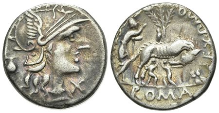 Sex. Pompeius Fostlus, Denarius, Rome, 137 BC. AR (g 3,85; mm 18,5; h 6). Helmeted head of Roma r.; capis to l., denomination mark before, Rv. She-wolf standing r., head l., suckling the twins (Remus and Romulus); to l., shepherd 