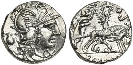 Sex. Pompeius Fostlus, Denarius, Rome, 137 BC. AR (g 3,89; mm 19; h 8). Helmeted head of Roma r.; capis to l., denomination mark before, Rv. She-wolf standing r., head l., suckling the twins (Remus and Romulus); to l., shepherd Fa