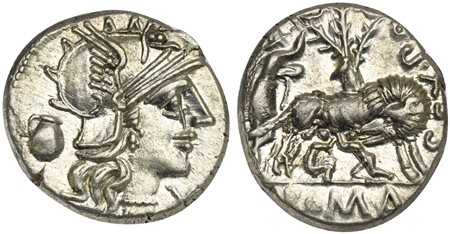 Sex. Pompeius Fostlus, Denarius, Rome, 137 BC. AR (g 3,93; mm 20; h 9). Helmeted head of Roma r.; capis to l., denomination mark before, Rv. She-wolf standing r., head l., suckling the twins (Remus and Romulus); to l., shepherd Fa