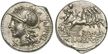 M. Baebius Q.f. Tampilus, Denarius, Rome, 137 BC. AR (g 3,97; mm 20; h 5). Helmeted head of Roma l., wearing necklace of pendants; denomination mark below chin, TAMPIL behind, Rv. Apollo driving quadriga r., holding bow and arrow;