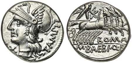 M. Baebius Q.f. Tampilus, Denarius, Rome, 137 BC. AR (g 4,04; mm 18; h 3). Helmeted head of Roma l., wearing necklace of beads; denomination mark below chin, TAMPIL behind, Rv. Apollo driving quadriga r., holding bow and arrow; RO