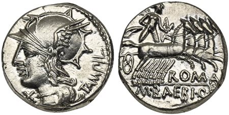M. Baebius Q.f. Tampilus, Denarius, Rome, 137 BC. AR (g 3,88; mm 18; h 3). Helmeted head of Roma l., wearing necklace of beads; denomination mark below chin, TAMPIL behind, Rv. Apollo driving quadriga r., holding bow and arrow; RO
