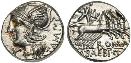 M. Baebius Q.f. Tampilus, Denarius, Rome, 137 BC. AR (g 3,92; mm 18; h 12). Helmeted head of Roma l., wearing necklace of beads; denomination mark below chin, TAMPIL behind, Rv. Apollo driving quadriga r., holding bow and arrow; R