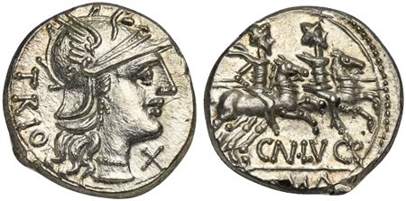 Cn. Lucretius Trio, Denarius, Rome, 136 BC. AR (g 3,94; mm 18; h 11). Helmeted head of Roma r.; TRIO behind, denomination mark before, Rv. Dioscuri on horseback riding r.; CN•LVCR below, ROMA in exergue. Crawford 237/1a; Lucretia 
