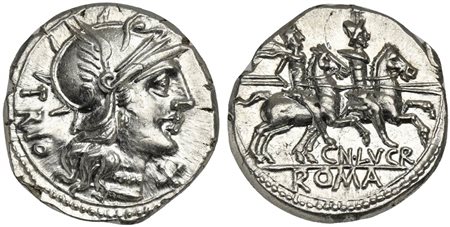 Cn. Lucretius Trio, Denarius, Rome, 136 BC. AR (g 3,93; mm 19; h 5). Helmeted head of Roma r.; TRIO behind, denomination mark before, Rv. Dioscuri on horseback riding r.; CN•LVCR below, ROMA in exergue. Crawford 237/1a; Lucretia 1