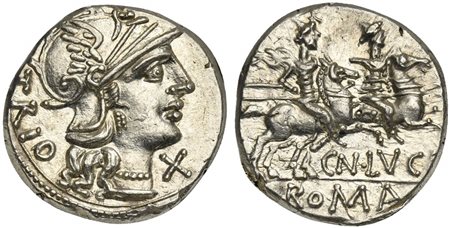 Cn. Lucretius Trio, Denarius, Rome, 136 BC. AR (g 3,95; mm 19; h 4). Helmeted head of Roma r.; TRIO behind, denomination mark before, Rv. Dioscuri on horseback riding r.; CN•LVC[R] below, ROMA in exergue. Crawford 237/1a; Lucretia