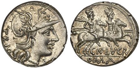 Cn. Lucretius Trio, Denarius, Rome, 136 BC. AR (g 3,88; mm 18; h 8). Helmeted head of Roma r.; TRIO behind, denomination mark before, Rv. Dioscuri on horseback riding r.; CN•LVCR below, [R]OMA in exergue. Crawford 237/1a; Lucretia
