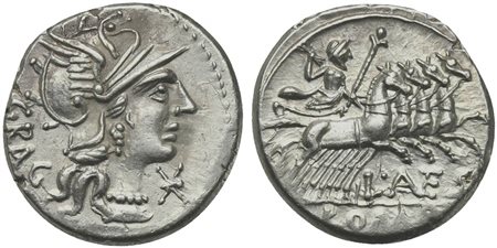 L. Antestius Gragulus, Denarius, Rome, 136 BC. AR (g 3,76; mm 19; h 12). Helmeted head of Roma r.; GRAG behind, denomination mark below chin, Rv. Jupiter driving quadriga r., holding reins and sceptre and preparing to hurl thunder